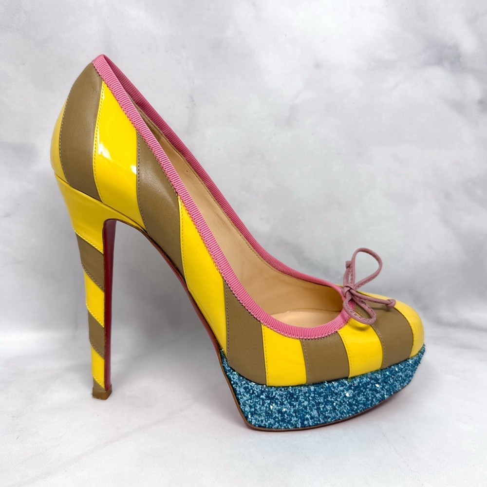 Christian Louboutin Foraine 140 Bow Striped Leather Glitter Platform Pumps Heels